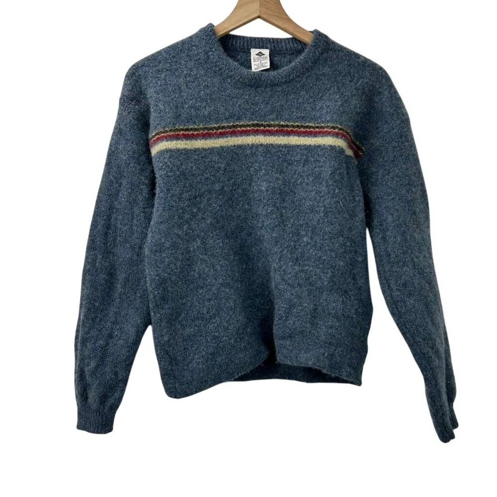 Vintage Columbia Women's M 100% Shetland Wool Crew Neck Blue Sweater Striped - Picture 1 of 9